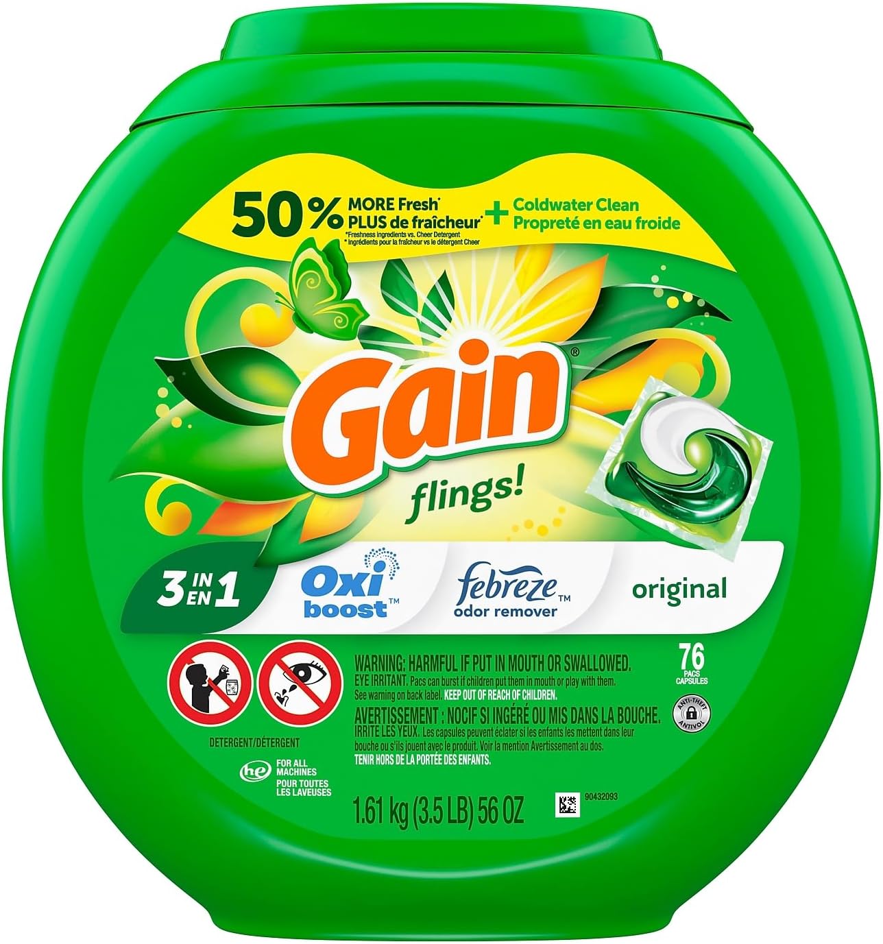 Long Lasting Original Scent - Gain Flings Laundry Pacs 76 Ct
