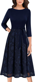 VFSHOW Womens Pleated A-Line Midi Dress - Flattering Belted Workwear