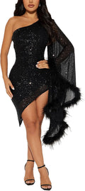 PORRCEY Women's Sequins Mesh See Through Bodycon Mini Dress - Sparkly