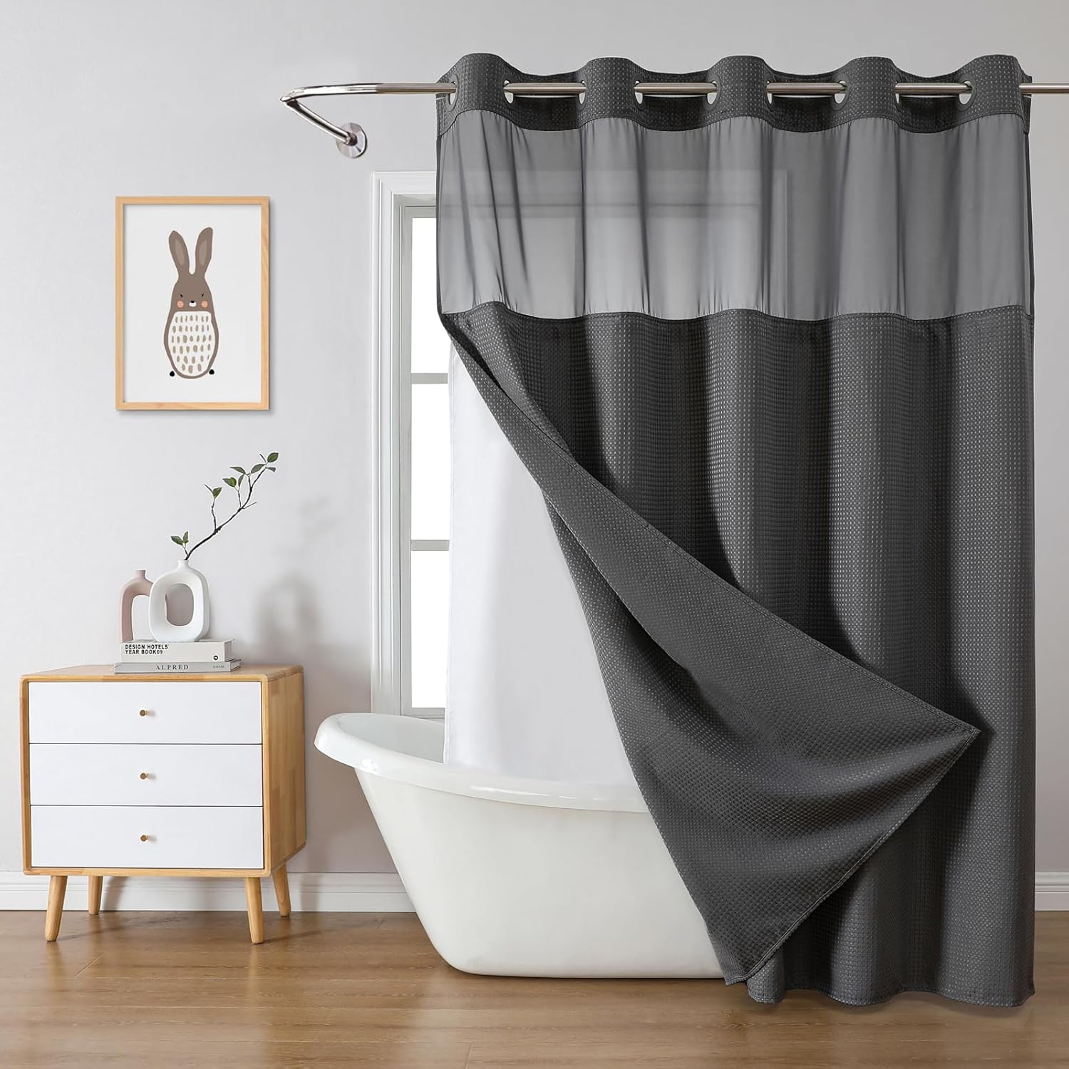 Charcoal Grey No Hook Waffle Weave Shower Curtain Set for Bathroom