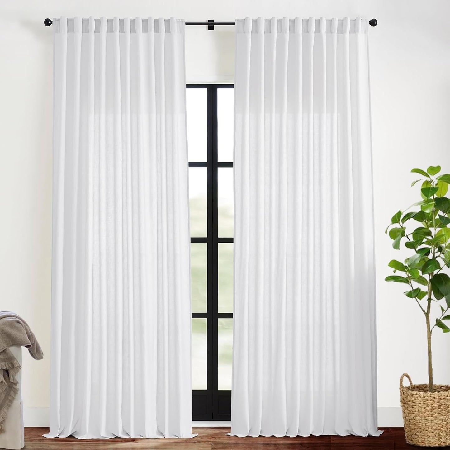 XTMYI Back Tab Hook Belt Linen Cotton Sheer Curtains for Bedroom