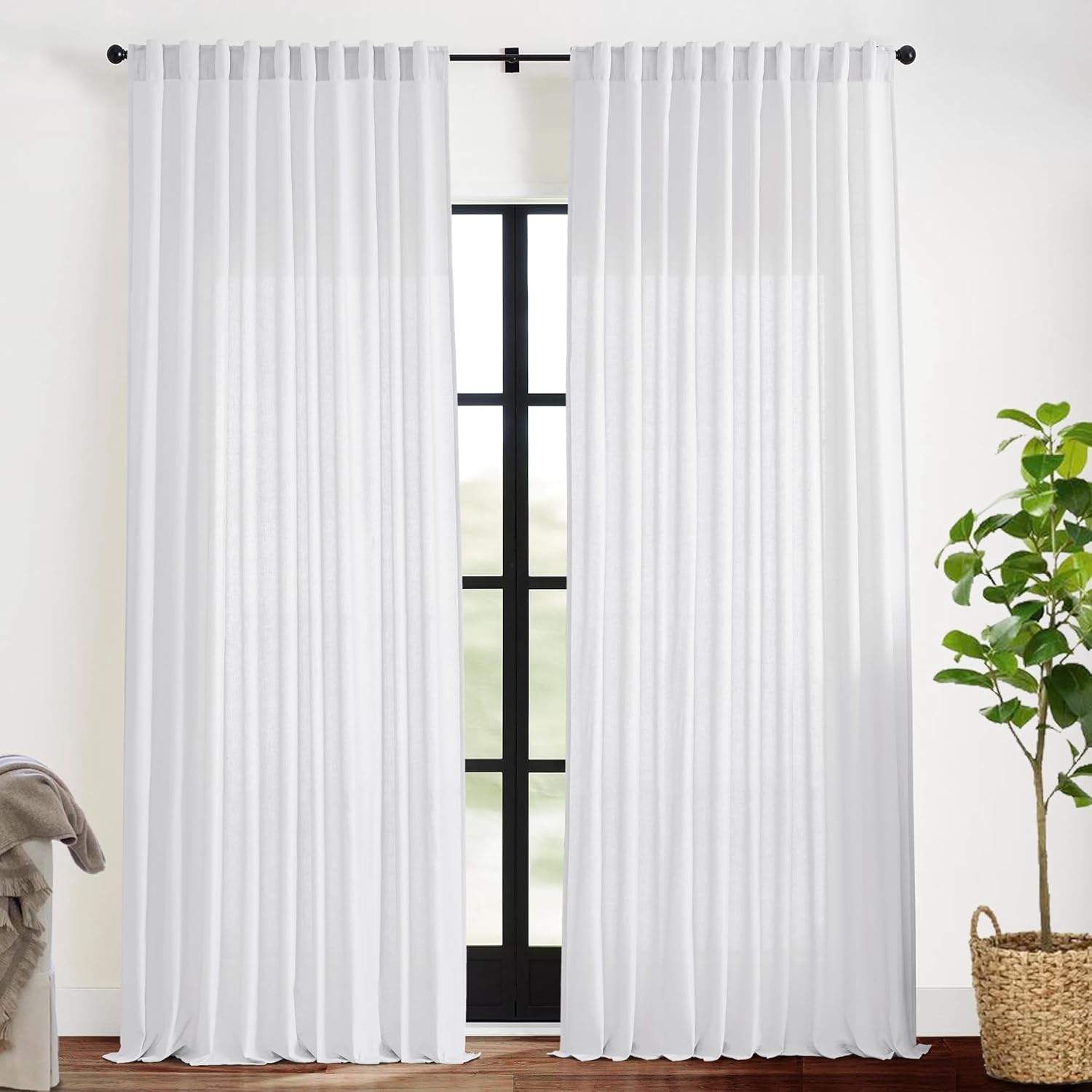 XTMYI Back Tab Hook Belt Linen Cotton Sheer Curtains for Bedroom