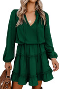 Long Sleeve Fall Dresses for Women Mini Tie Neck Ruffle Dress