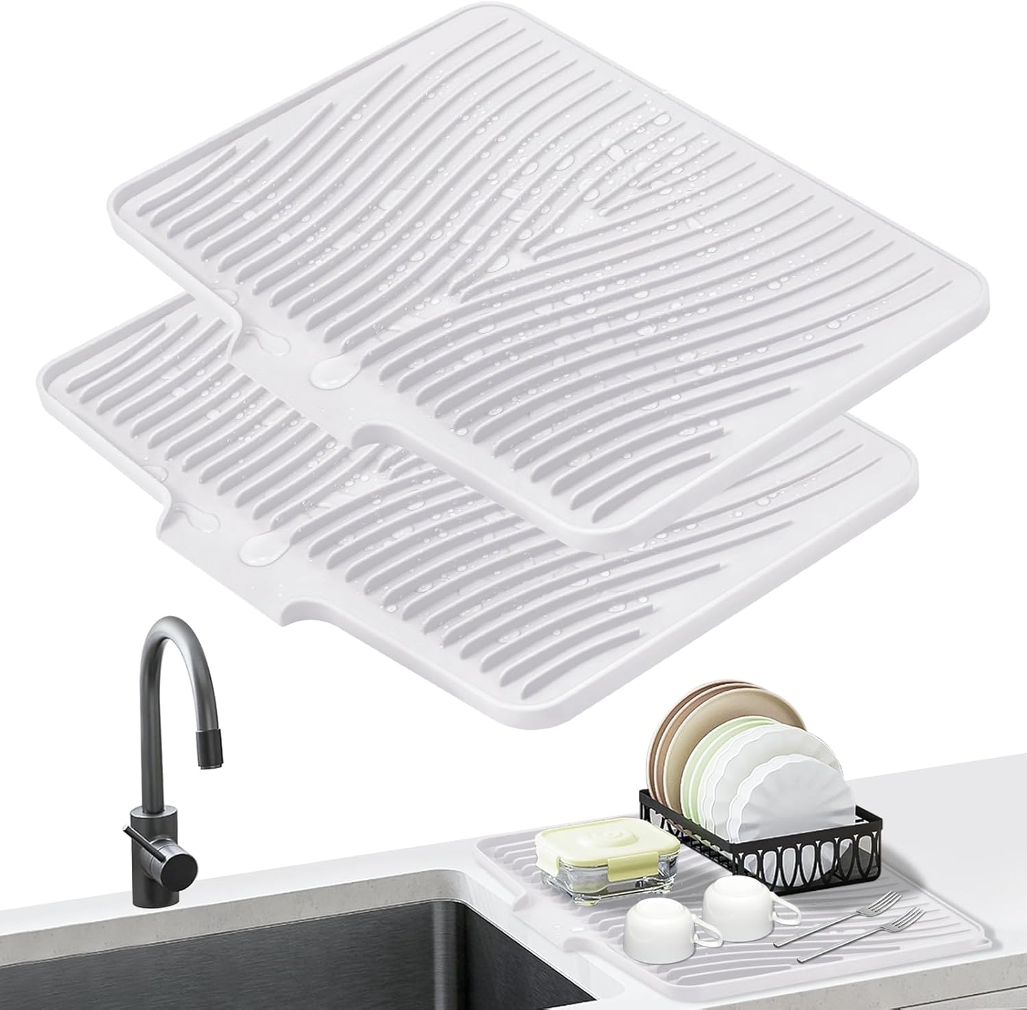 Dish Drying Mat Set for Kitchen Counter with Built-in Drain