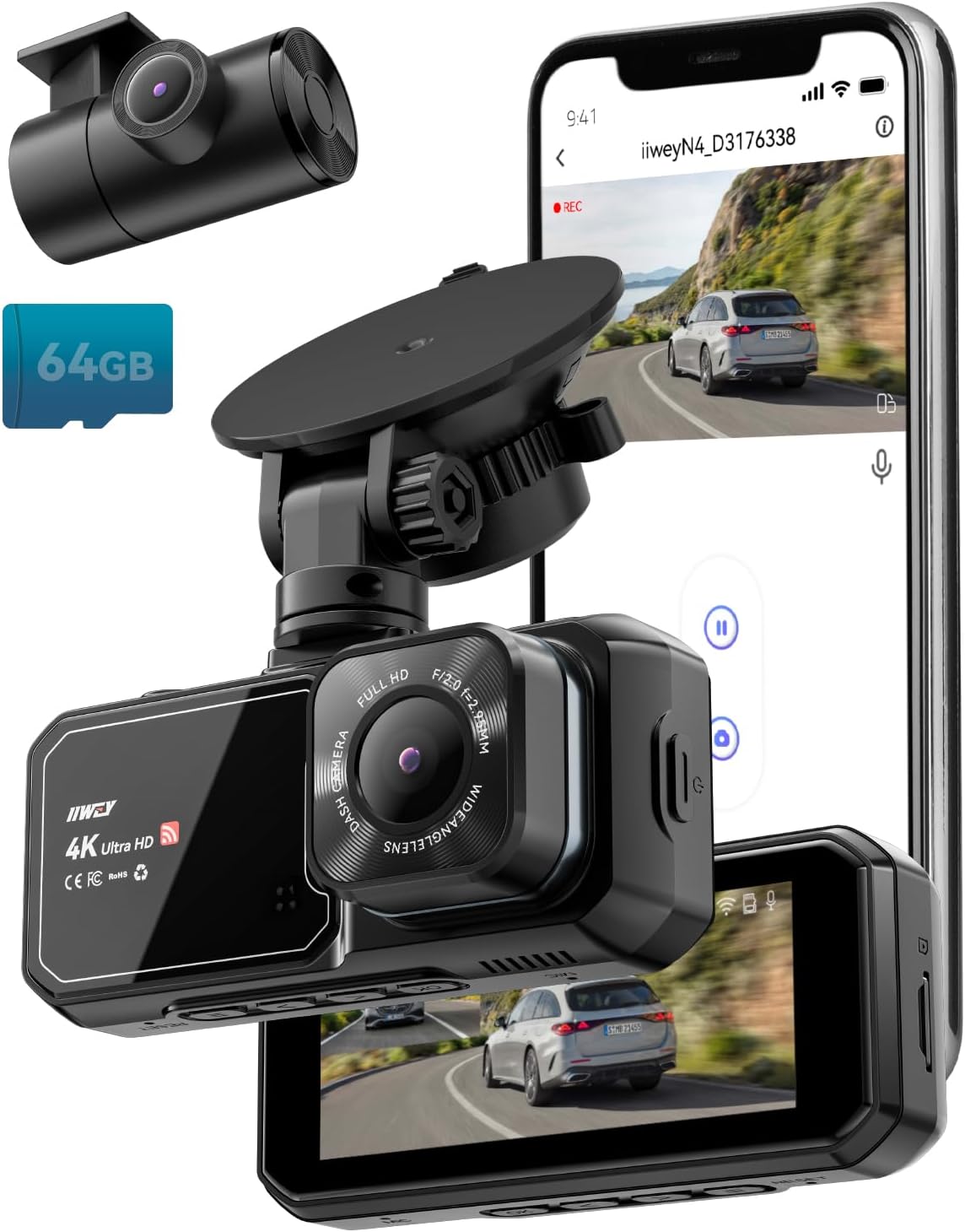 IIWEY 4K UHD Dual Dash Cam - WiFi, G-Sensor, 24H Parking