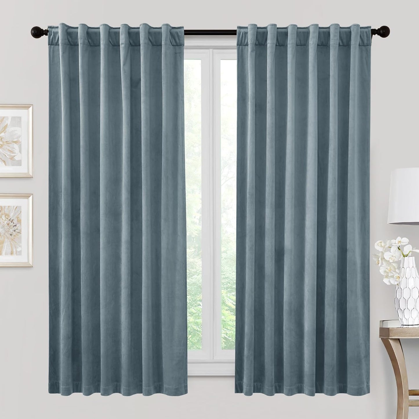 RYB HOME Velvet Curtains for Bedroom and Bathroom, Stone Blue