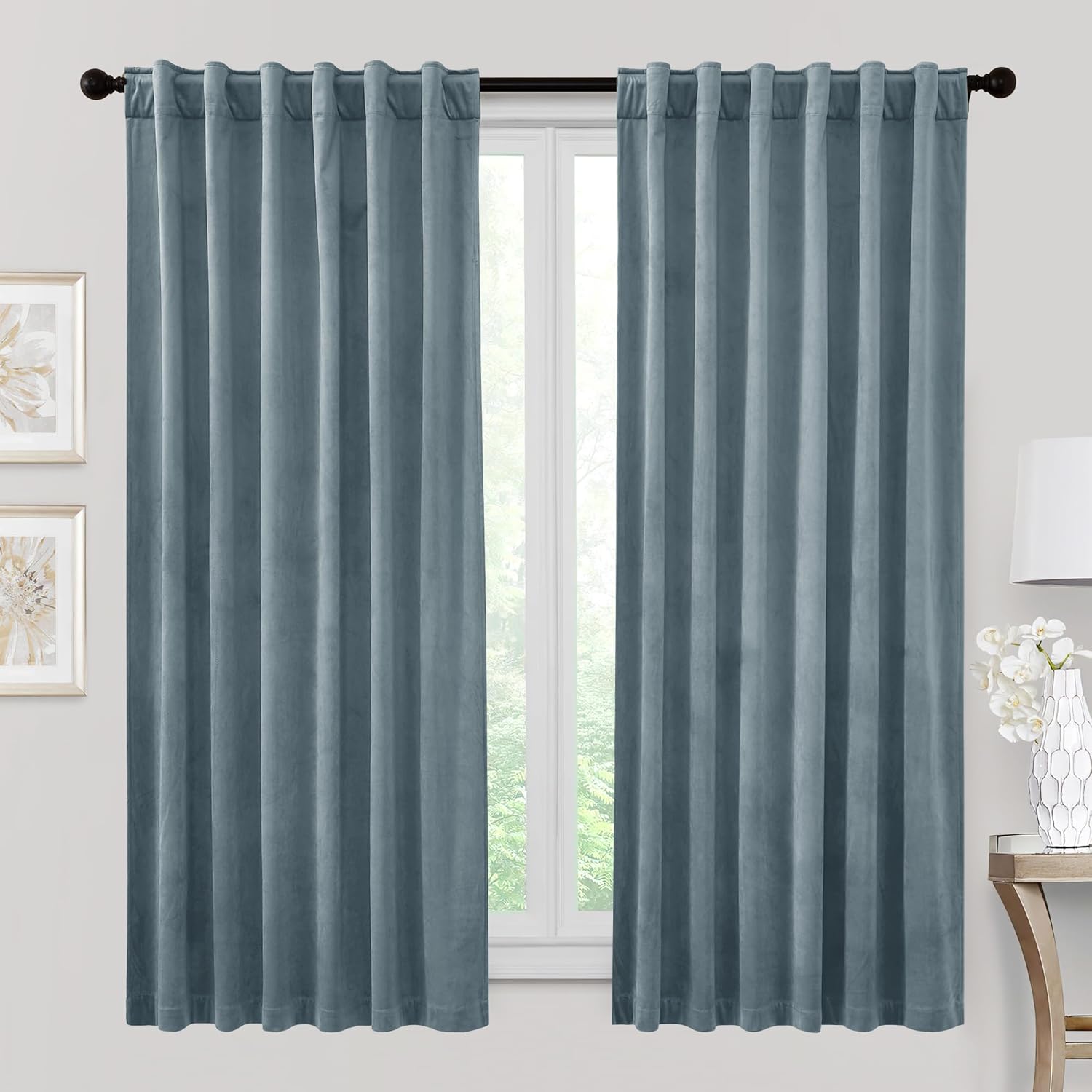RYB HOME Velvet Curtains for Bedroom and Bathroom, Stone Blue