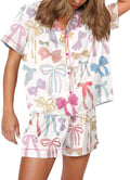 Funny Graphic Pajamas for Women Set - Satin Short Sleeve Top