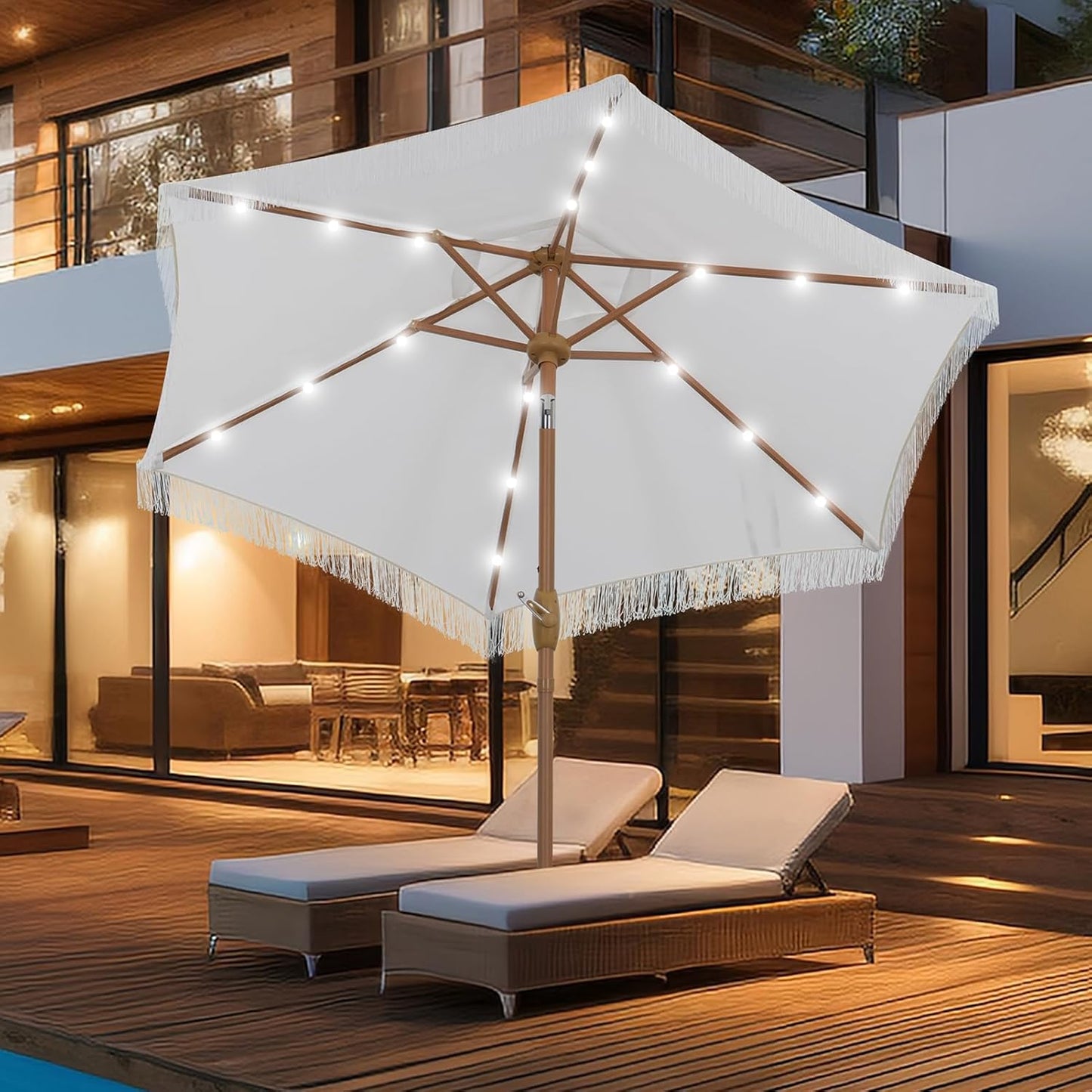 GDY 7.5 ft Fringe Patio Umbrella with LED Lights for Shade