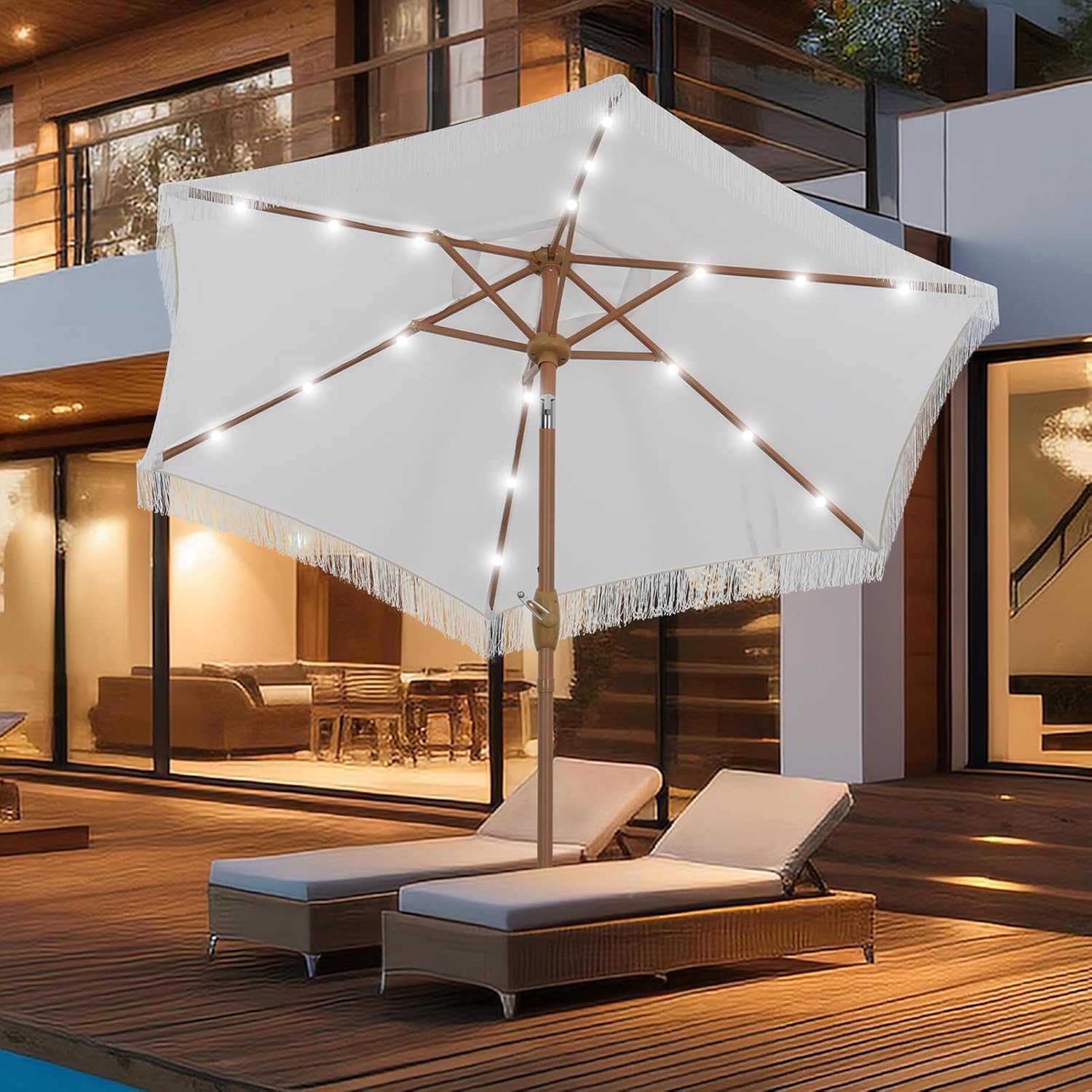GDY 7.5 ft Fringe Patio Umbrella with LED Lights for Shade