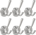 Brushed Nickel Wall Hooks 6 Pack - Heavy Duty Double Coat & Towel