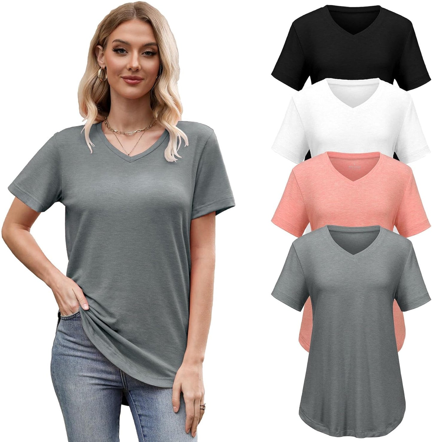 4 Pack Womens Tops Basic Summer V Neck T Shirts Casual Tee