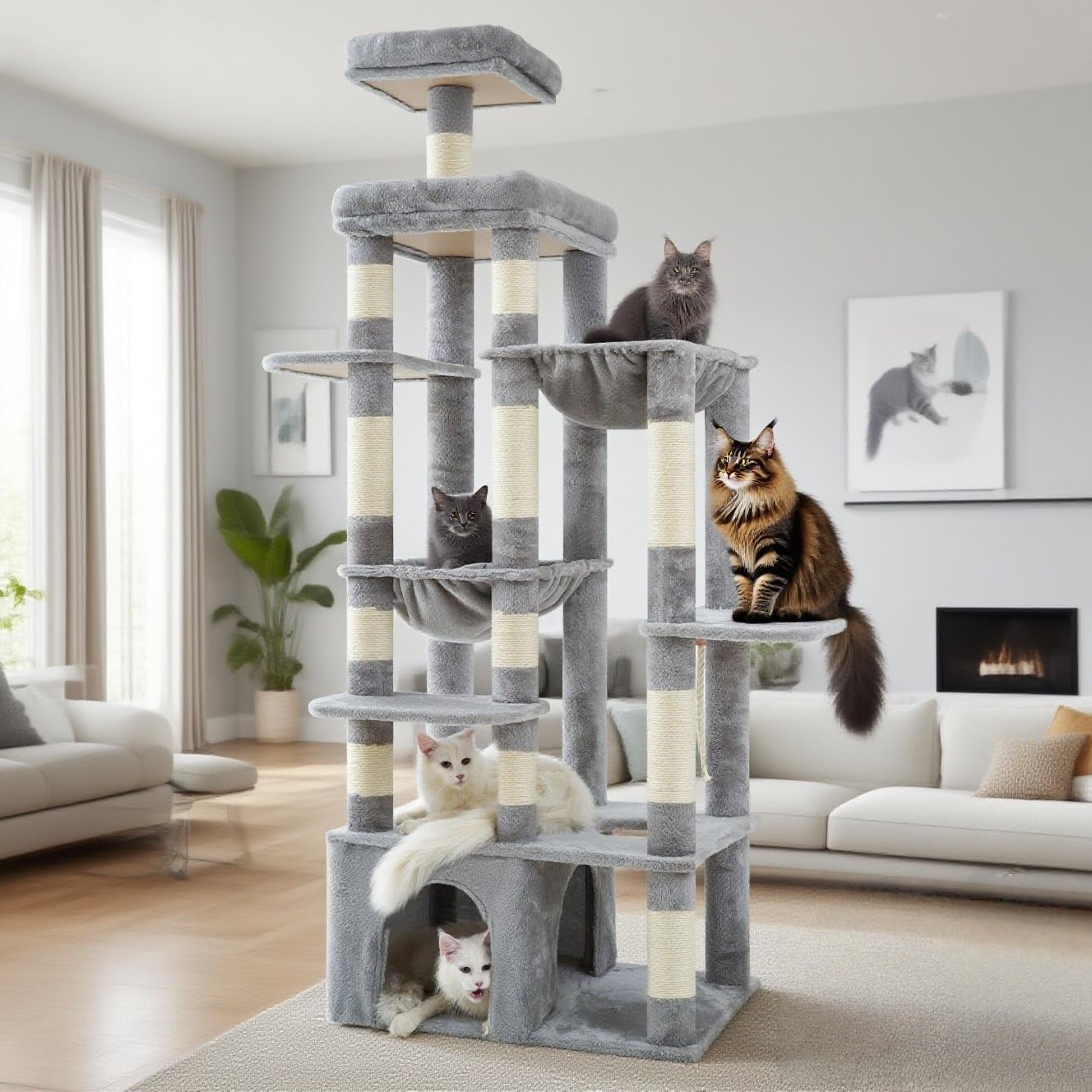 71-Inch Tall Cat Tree for Large Maine Coon Cats with Hammocks