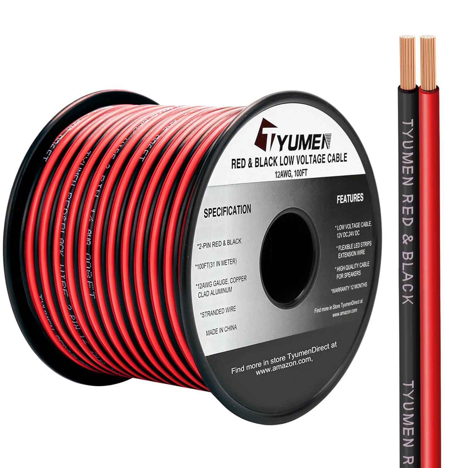 100FT 12/2 Gauge Red Black Electrical Wire for LED Strips
