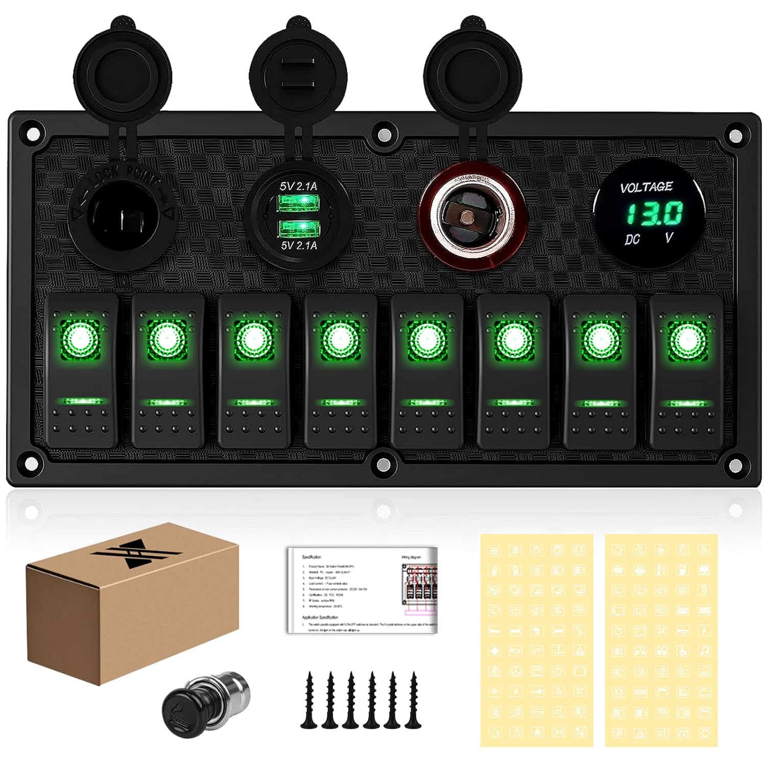8 Gang Rocker Switch Panel with Dual USB Charger and Voltmeter