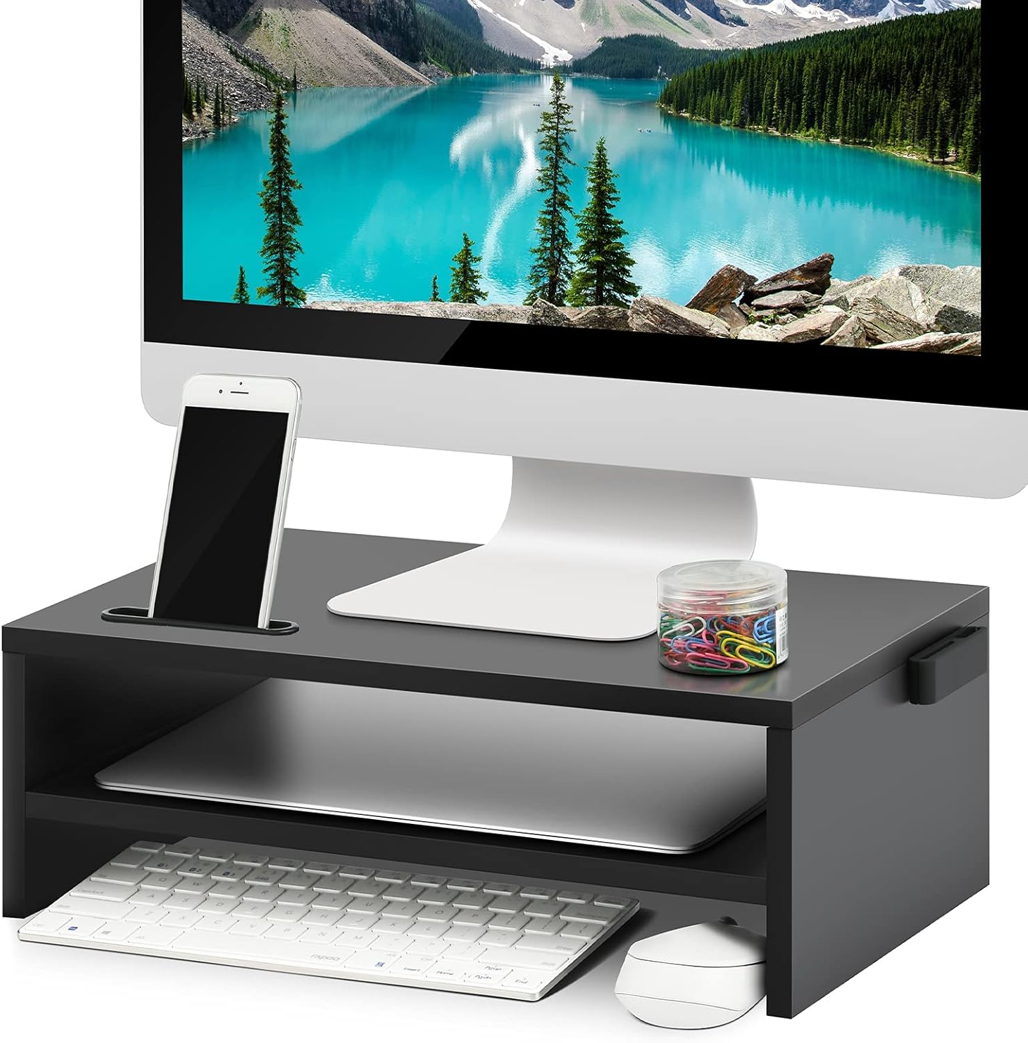 Marbrasse Monitor Stand: 2-tier Space Saver with Phone Holder