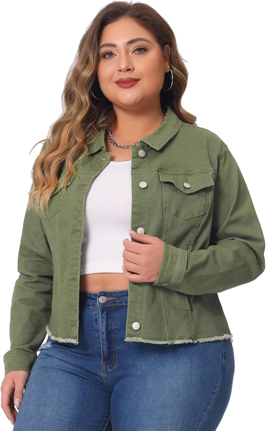 Classic Washed Frayed Denim Jacket for Plus Size Women