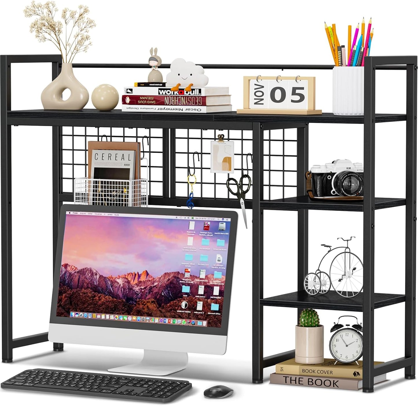 4 Tier Desk Shelf with Pegboard Hooks - Organize Stylishly!