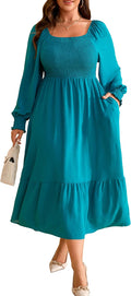 RWJ Women's Plus Size Fall Dress Long Sleeve Smocked Maxi - Flowy Fit