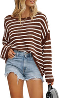 Women's Striped Knit Boat Neck Oversized Pullover - Casual Fit