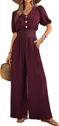 Womens Jumpsuits Short Sleeve V Neck Dressy Casual Wide Leg Pants