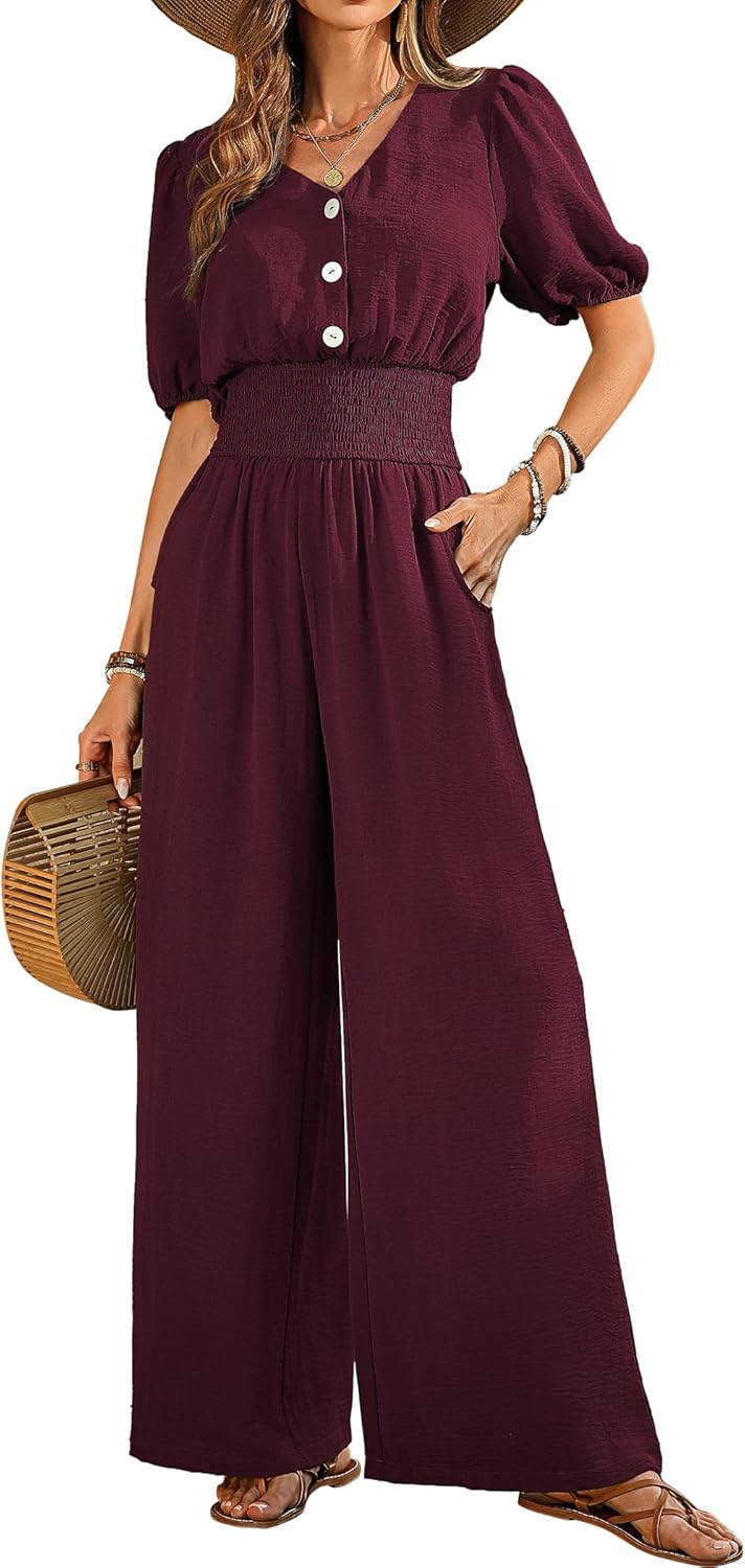 Womens Jumpsuits Short Sleeve V Neck Dressy Casual Wide Leg Pants