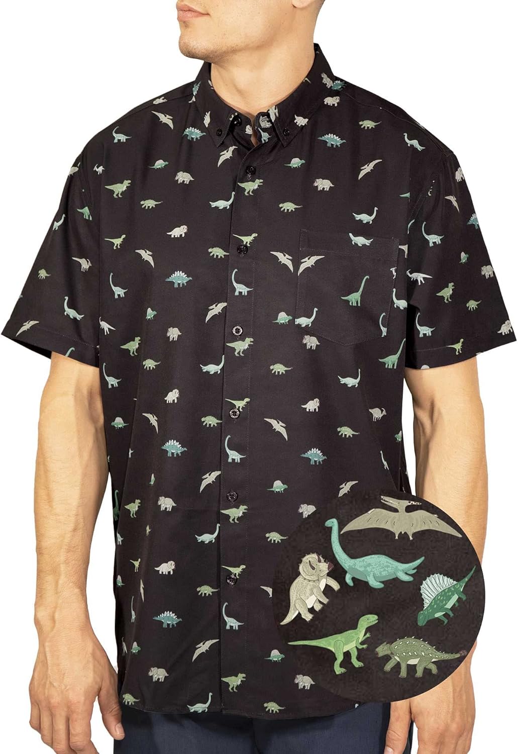 Visive Mens Short Sleeve Button Down Shirt with Dinosaurs