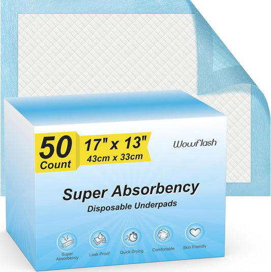 Wowflash Absorbent Underpads, Leakproof Baby & Adult Pads, 17x13