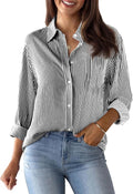 Womens Cotton Striped Button Down Shirt - Long Sleeve Collared Top