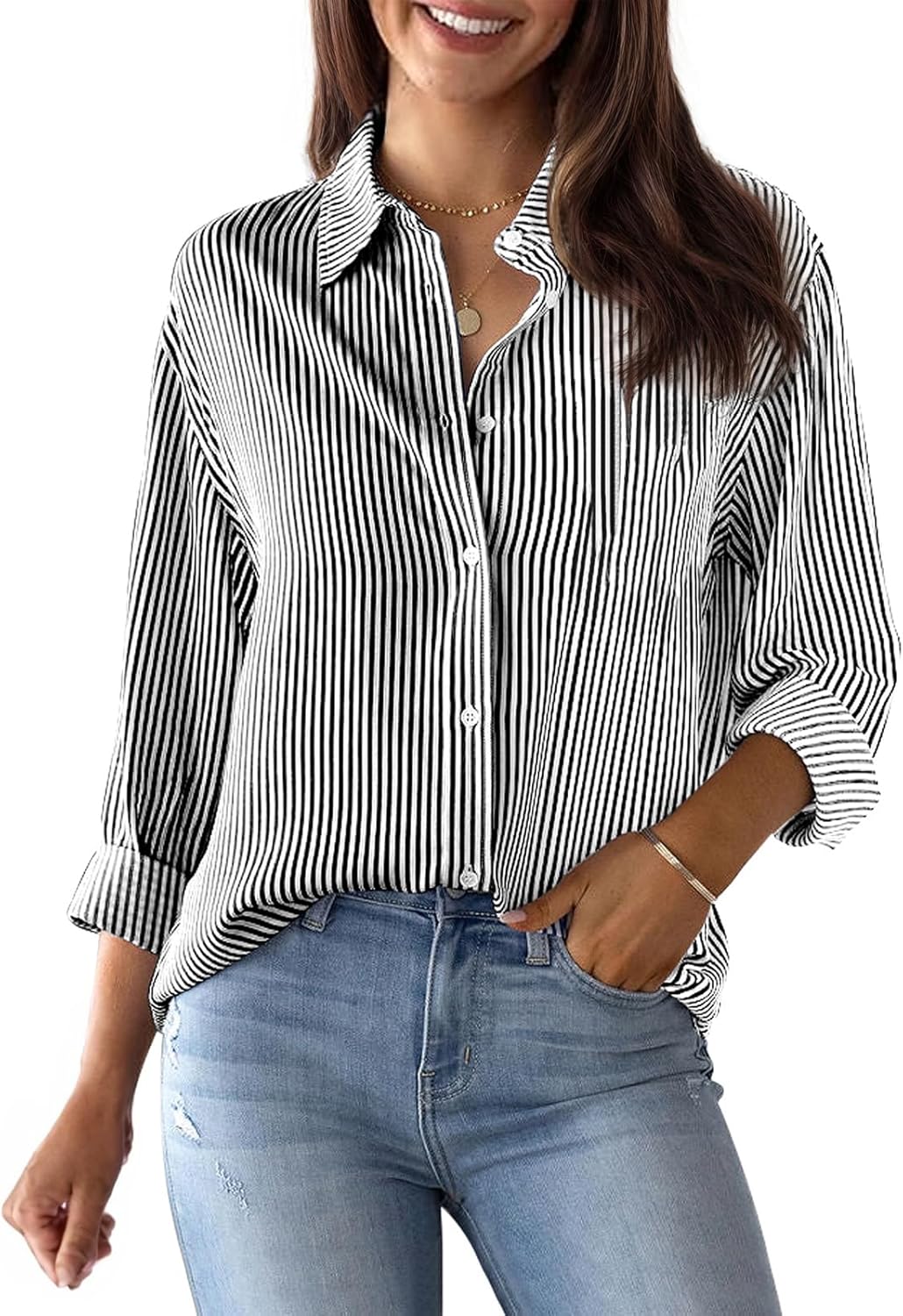 Womens Button Down Shirts Cotton Striped Dress Shirt Long Sleeve