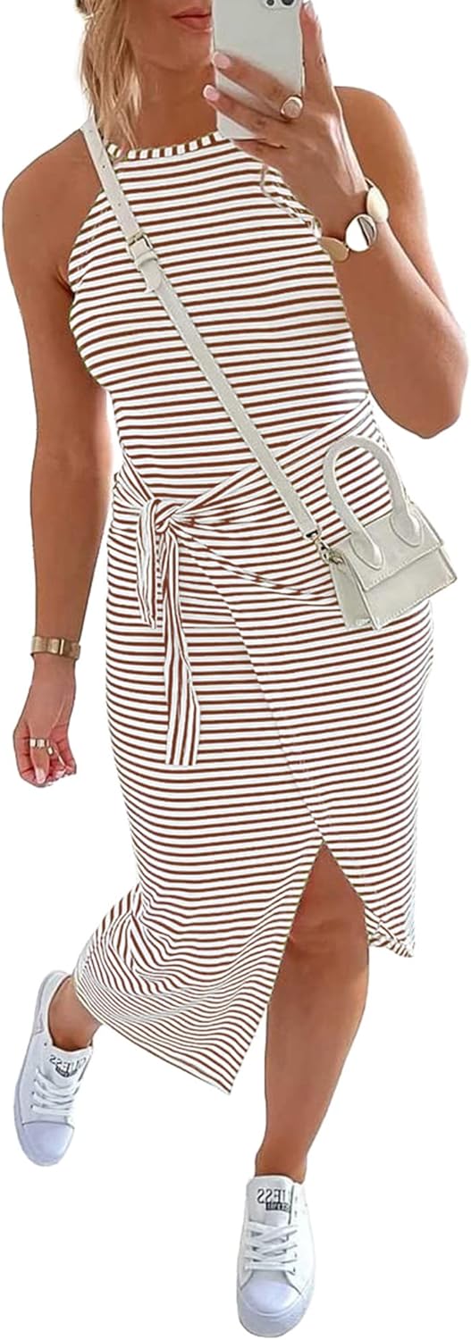 NOLLSOM Women Casual Sleeveless Striped Tank Midi Dress