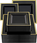 Goodluck 100 Black Square Plastic Plates With Gold Rim - Party Ready