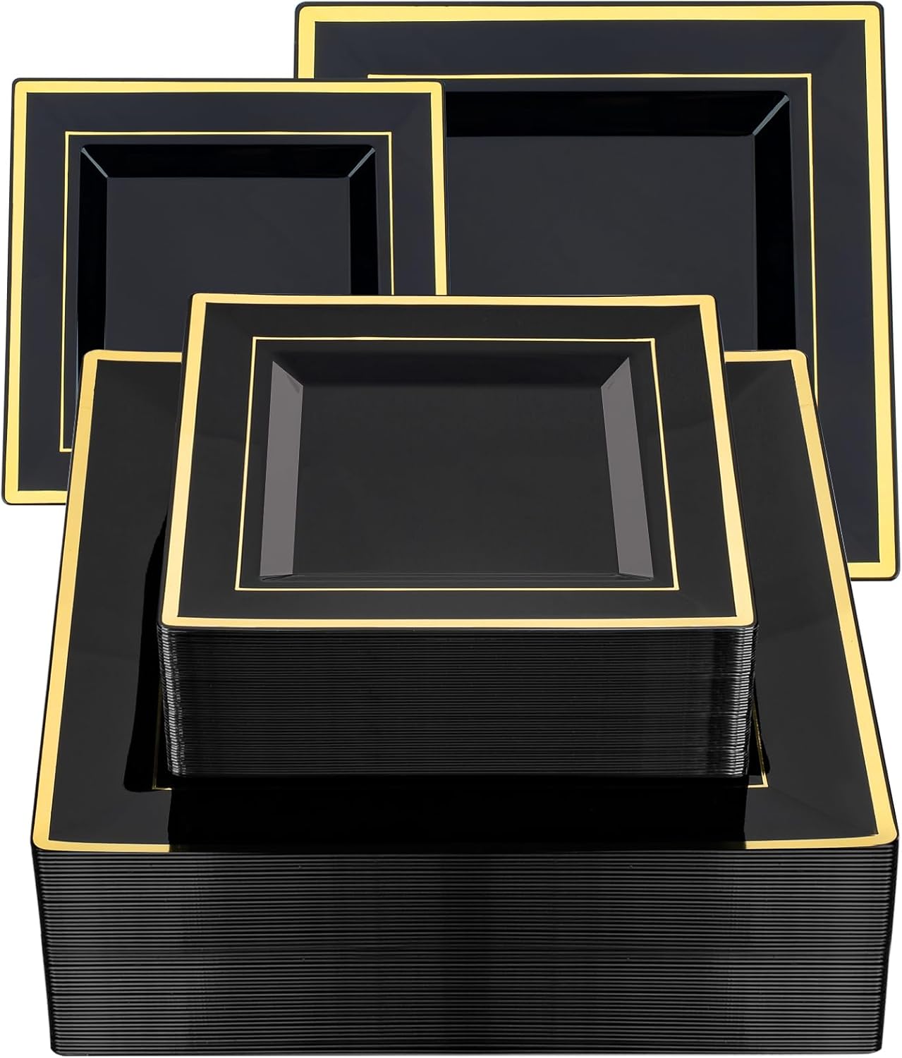 Elegant 100 Pack Black Plastic Plates with Gold Rim for Parties