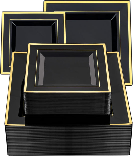 Elegant 100 Pack Black Plastic Plates with Gold Rim for Parties