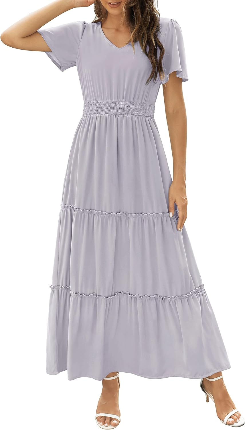 Zattcas Womens Long Summer Dress with Flutter Sleeves and V Neck