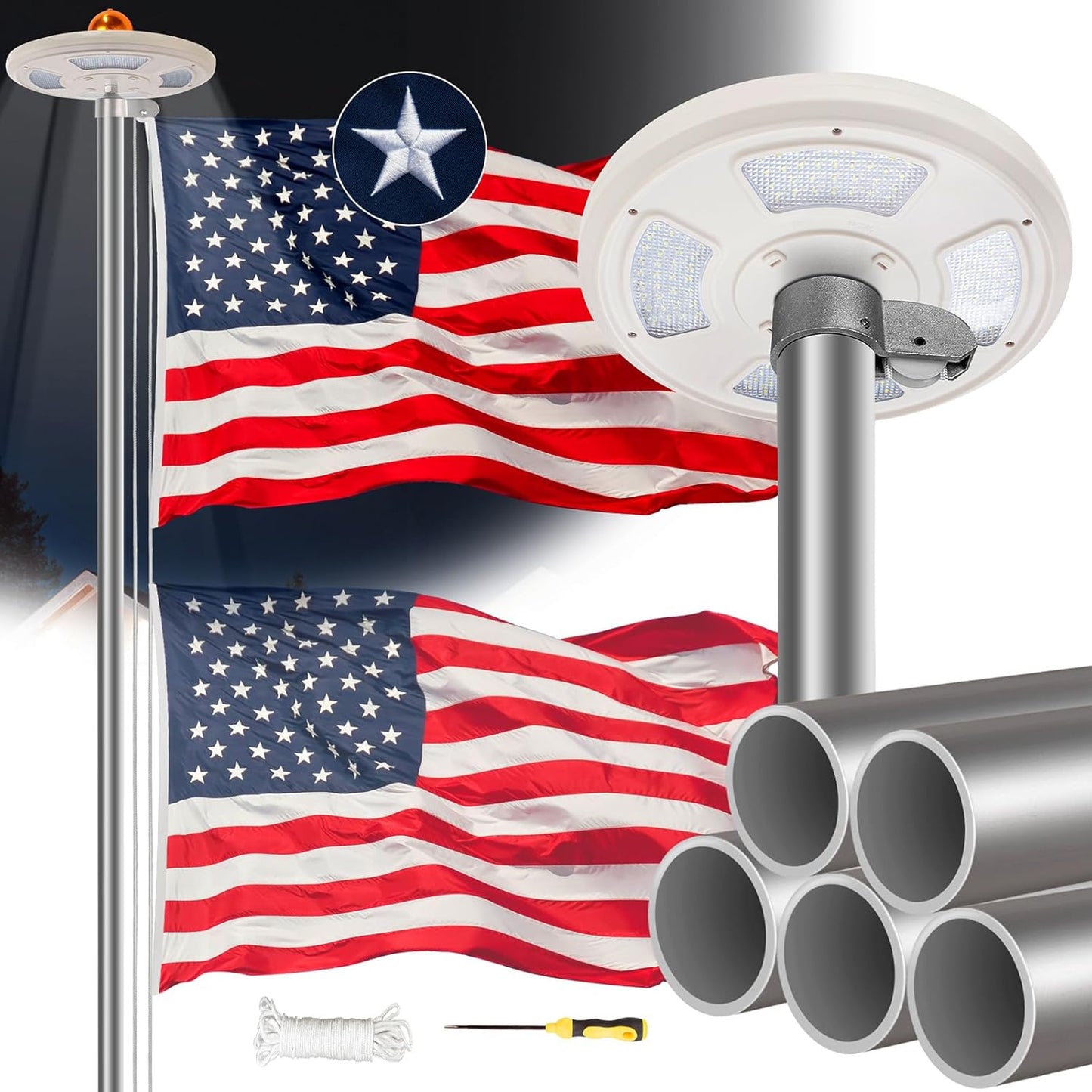 20FT Heavy Duty Flag Pole Kit with American Flag & Solar Light