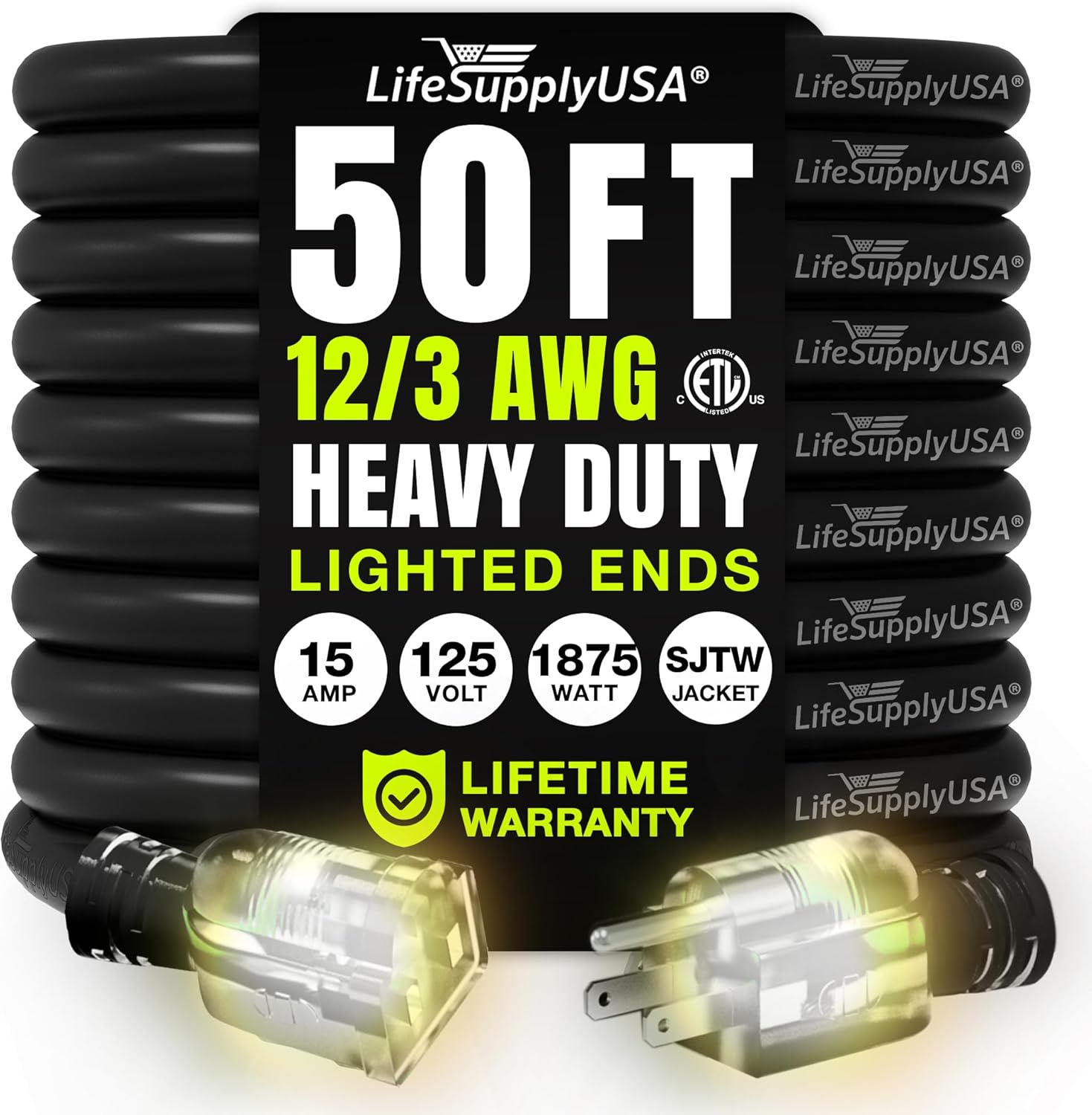 50ft Outdoor Indoor Extension Cord 12 3 Gauge Heavy Duty