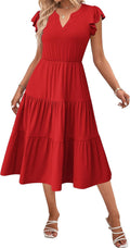 Womens Summer Casual Ruffle Sleeve V Neck Midi Dress - Flowy