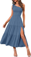 One Shoulder Smocked Midi Dress - Flowy Summer Split Tiered Dress
