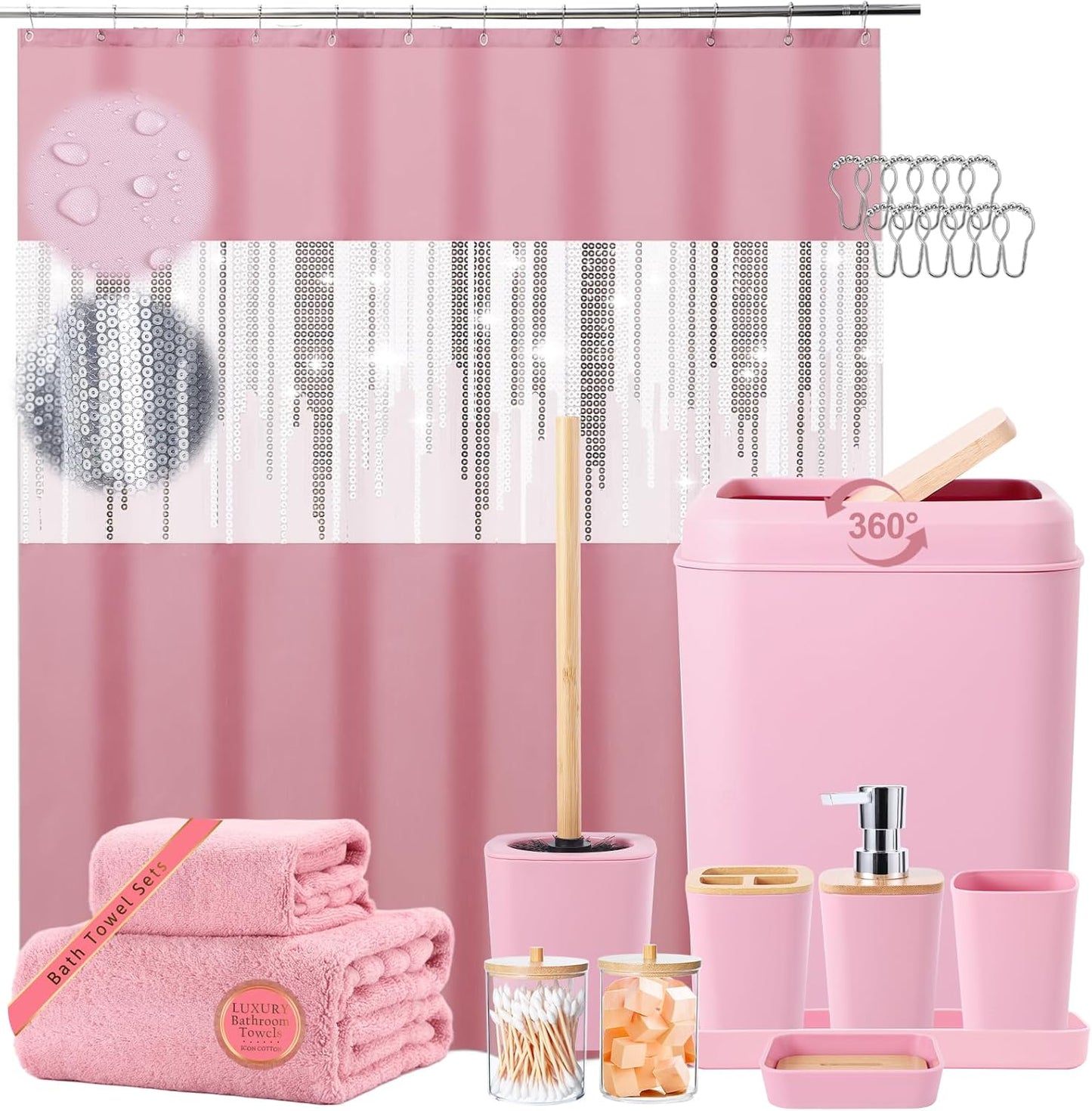 Pink Bathroom Accessories Set with Sequin Shower Curtain