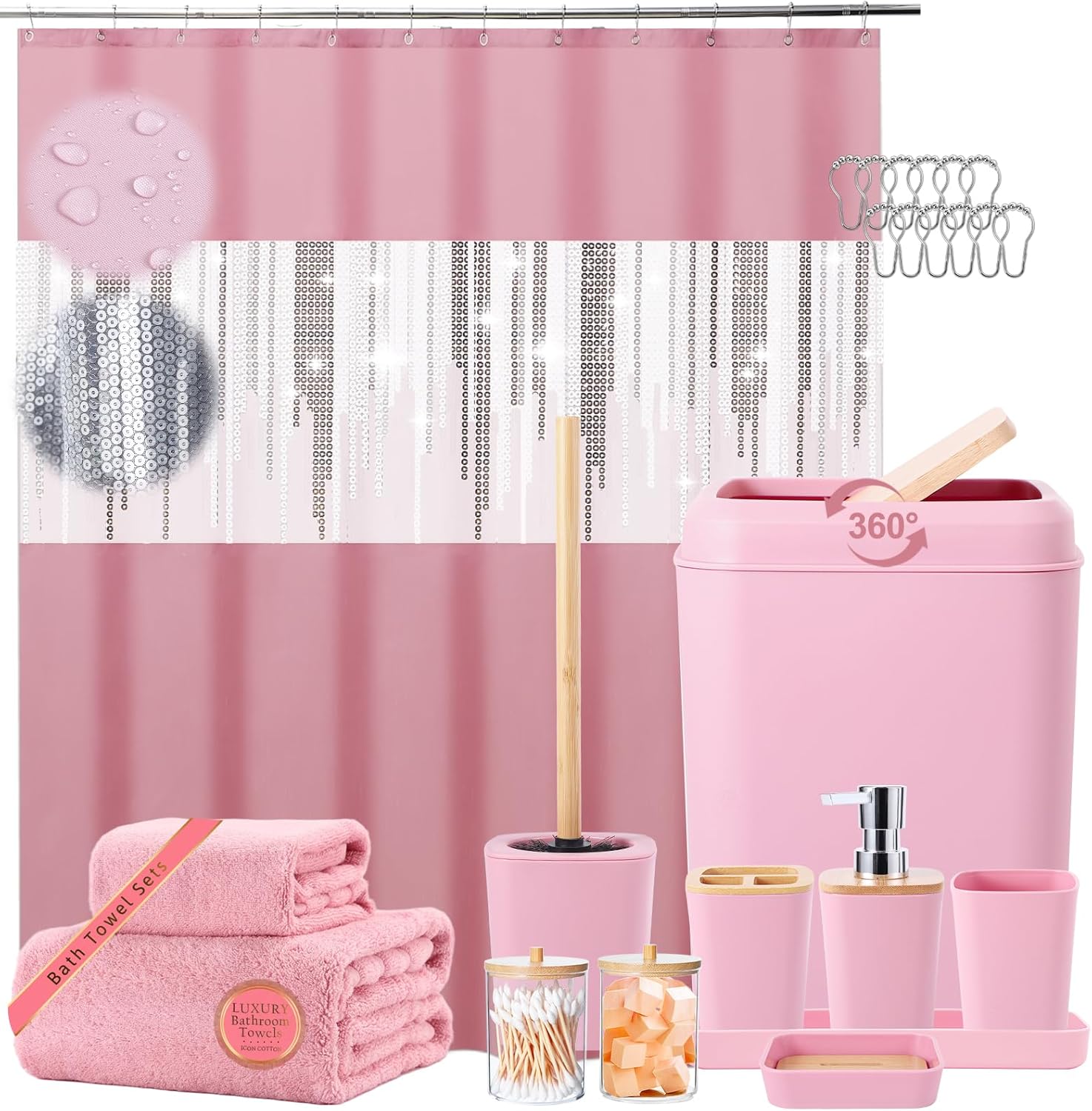 Pink Bathroom Accessories Set with Sequin Shower Curtain