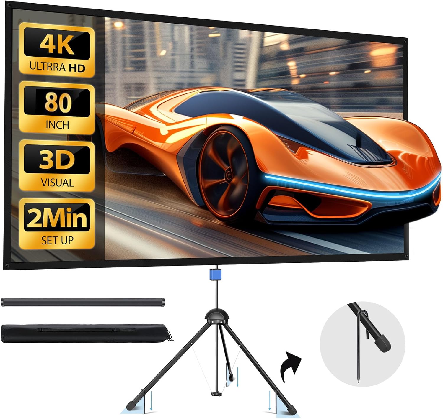 80 inch Projector Screen with Stand for Indoor and Outdoor Use