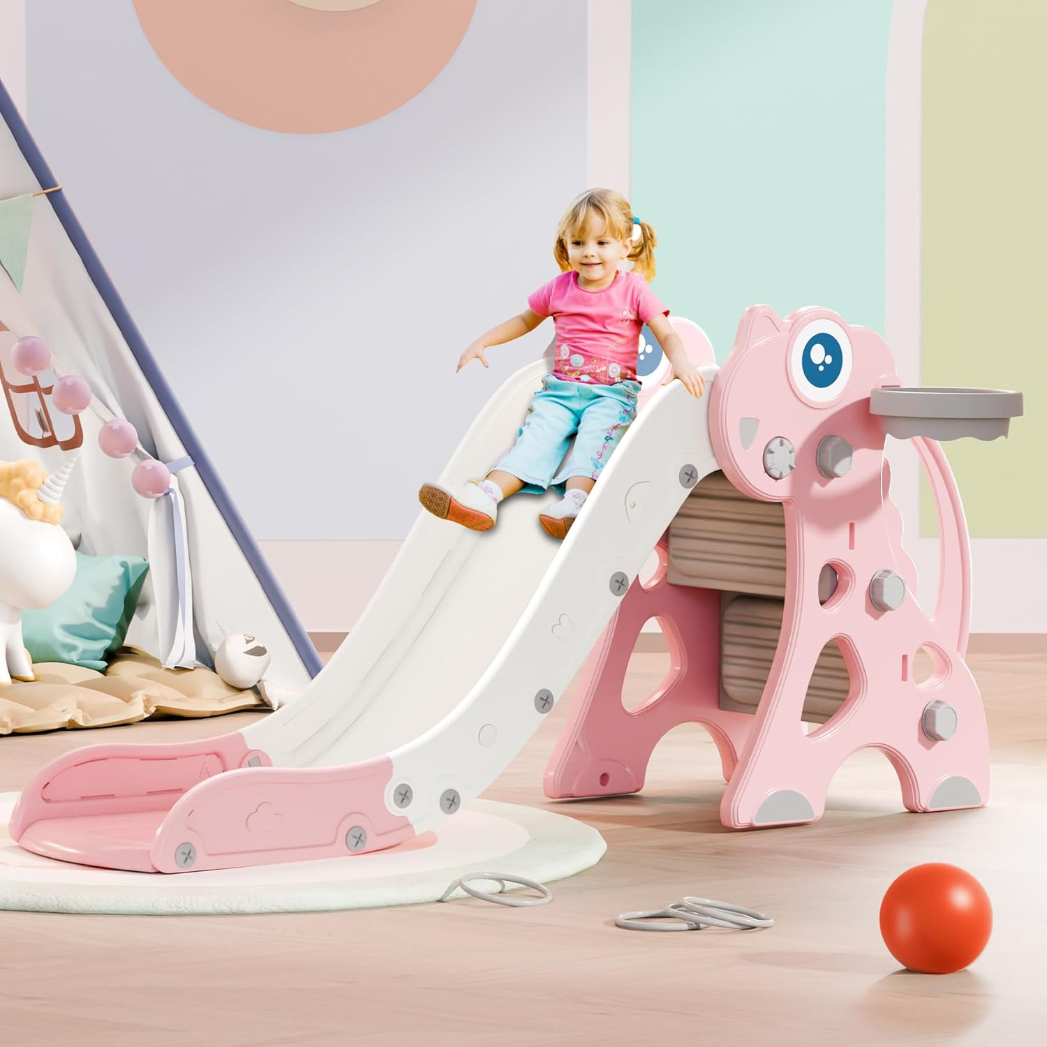 Toddler Slide Playset with Basketball Hoop & Ring Toss for Kids