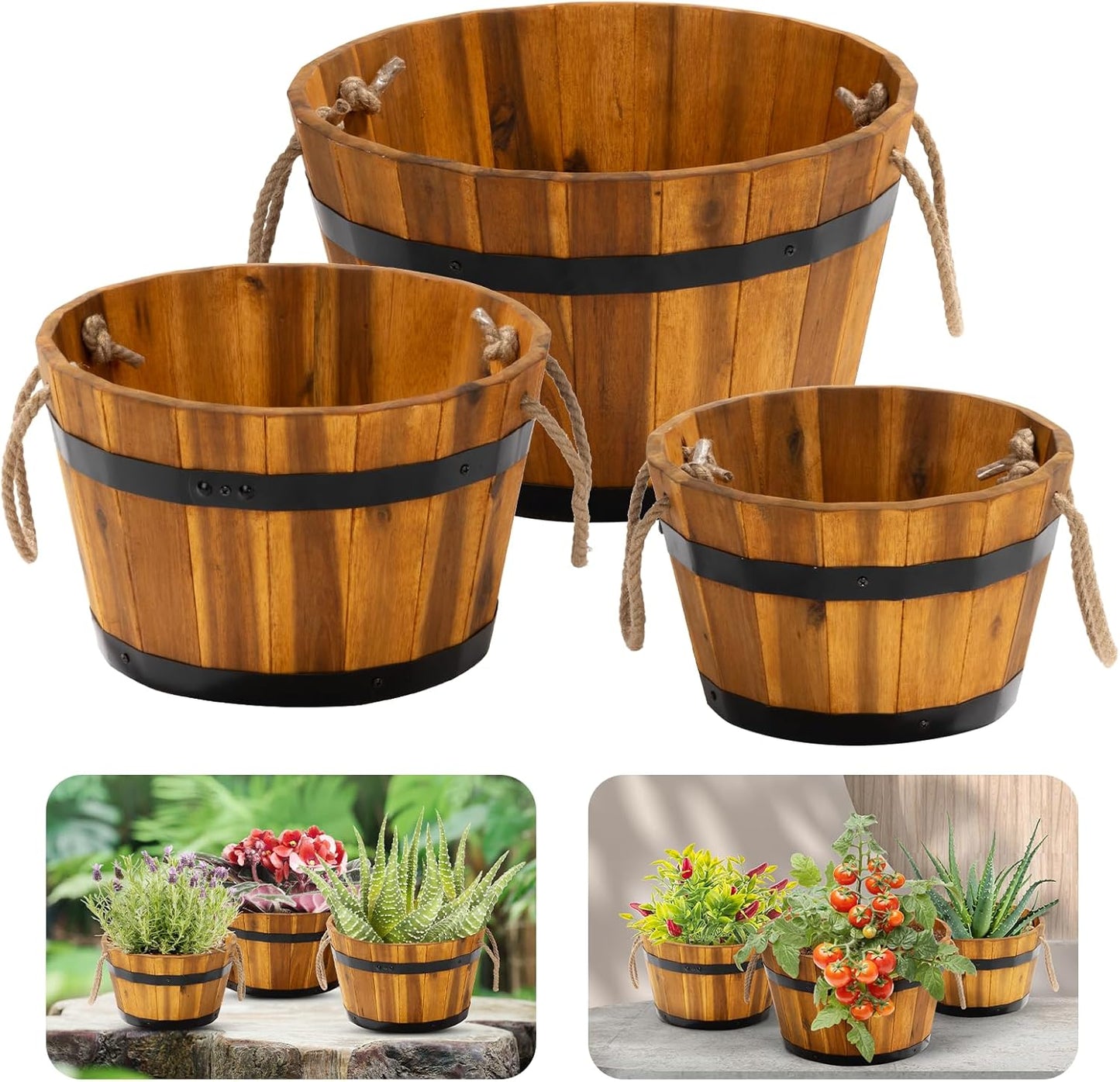 IDZO Set of 3 Wooden Flower Boxes for Outdoor Plants Decor