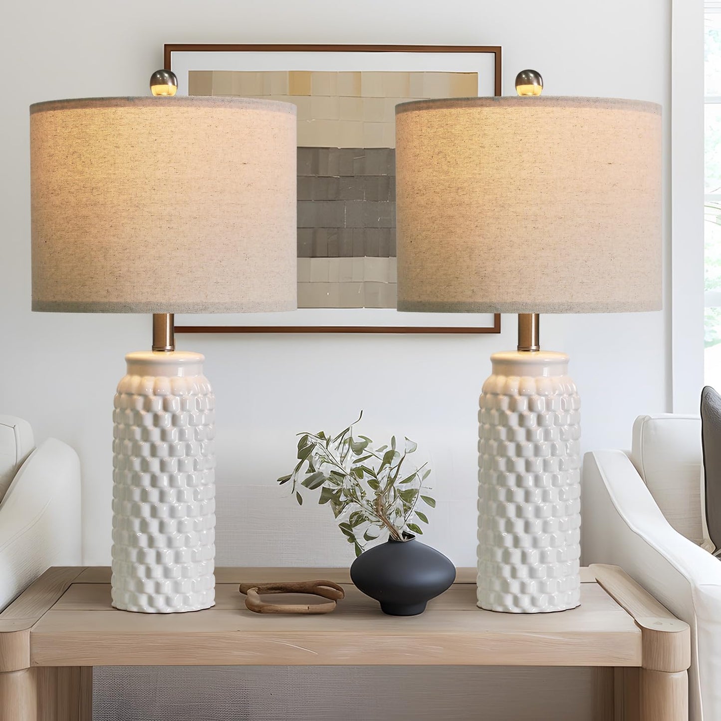 24 Inch Modern Ceramic White Bedside Lamp Set of 2 for Decor