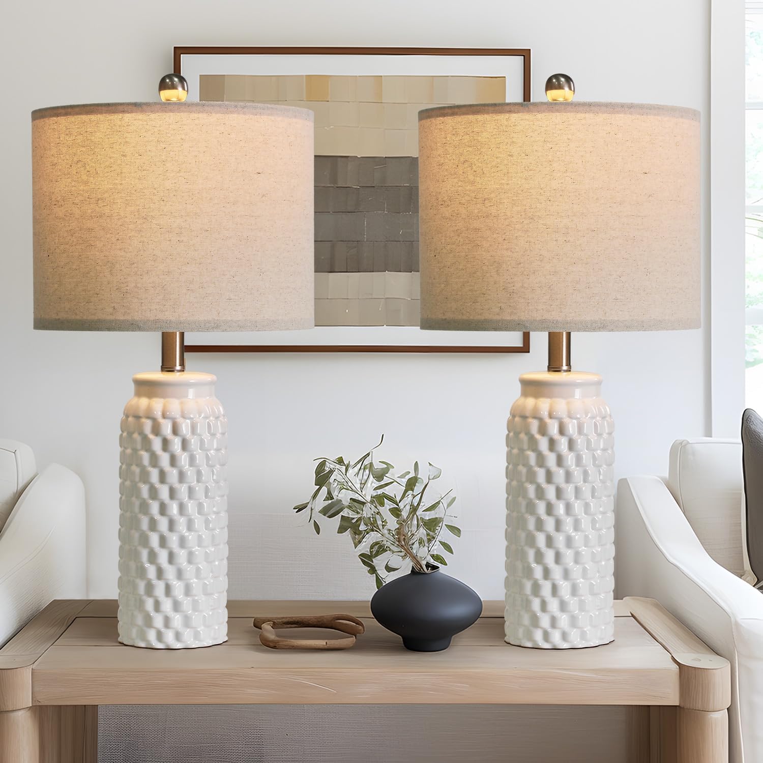 24 Inch Modern Ceramic White Bedside Lamp Set of 2 for Decor