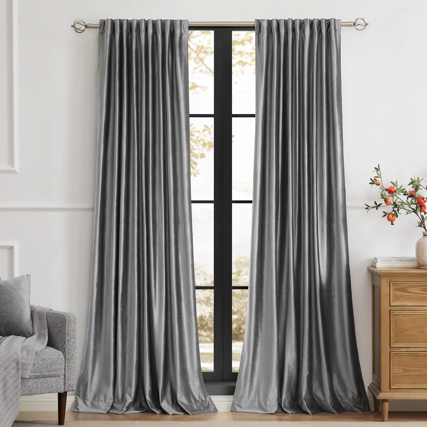 PRIMROSE Dark Grey Velvet Curtains for Living Room, 108 in Long