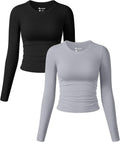 OQQ Womens Long Sleeve Ruched Crew Neck Fitted Cropped Tee - Versatile
