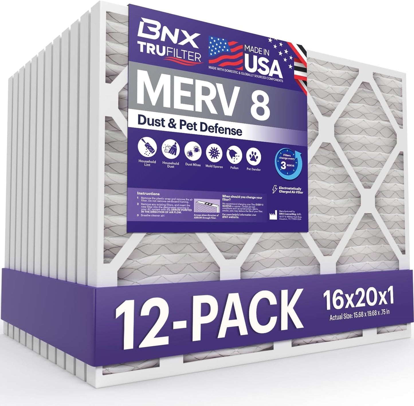 BNX TruFilter 16x20x1 Air Filter MERV 8 for Dust & Pet Defense