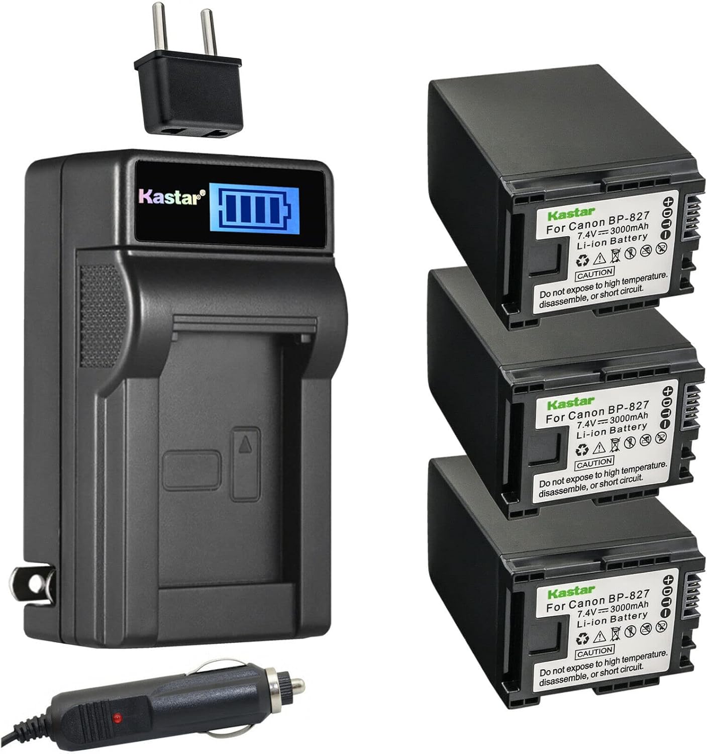 Kastar 3-Pack BP-827 Battery and LCD Charger for Canon Cameras